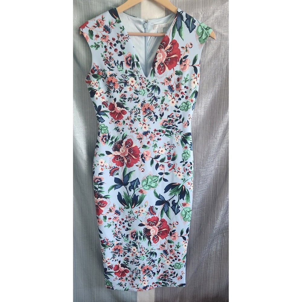 New York & Company Floral Sheath Dress Blue Grandmillennial XS Garden Party Capโ